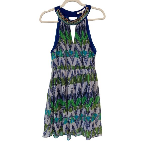 Lucy and Co Embellished Halter Mini Dress Size Large Sleeveless Chevron Boho NEW - Picture 1 of 11